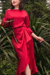Asymmetrical Draped Midi Dress in Silk with Boat Neckline and Waist Tie Detail